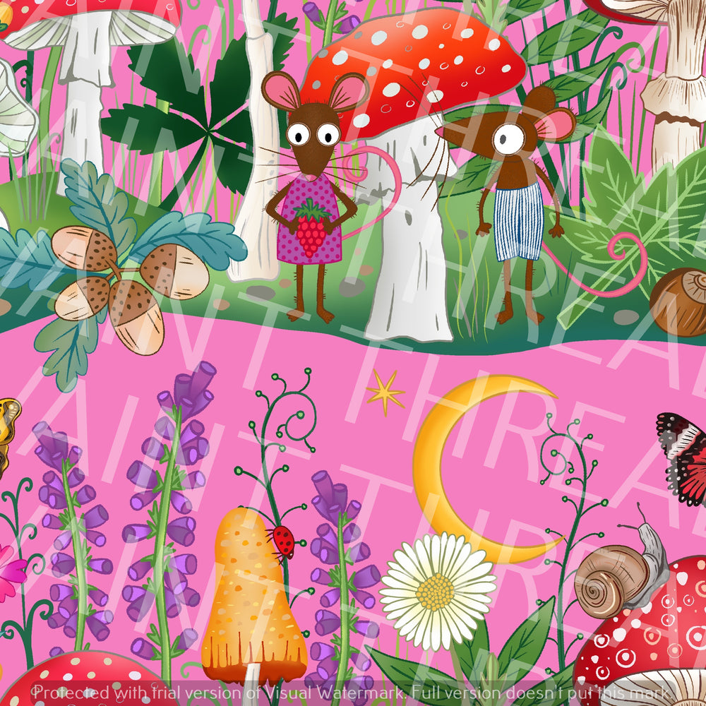 Karly Art Mouse and Mushrooms Landscape Pink Fabric On Demand Pre Order