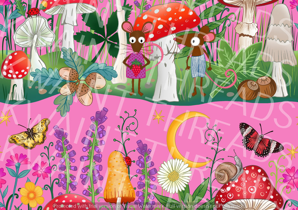 Karly Art Mouse and Mushrooms Landscape Pink Fabric On Demand Pre Order