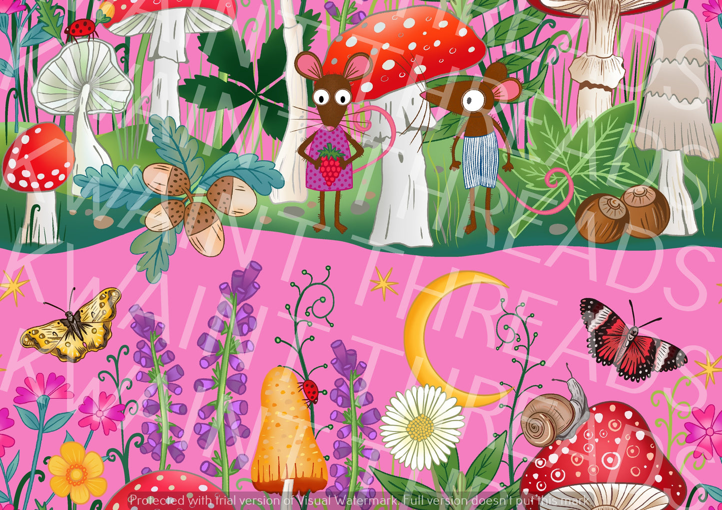 Karly Art Mouse and Mushrooms Landscape Pink Fabric On Demand Pre Order