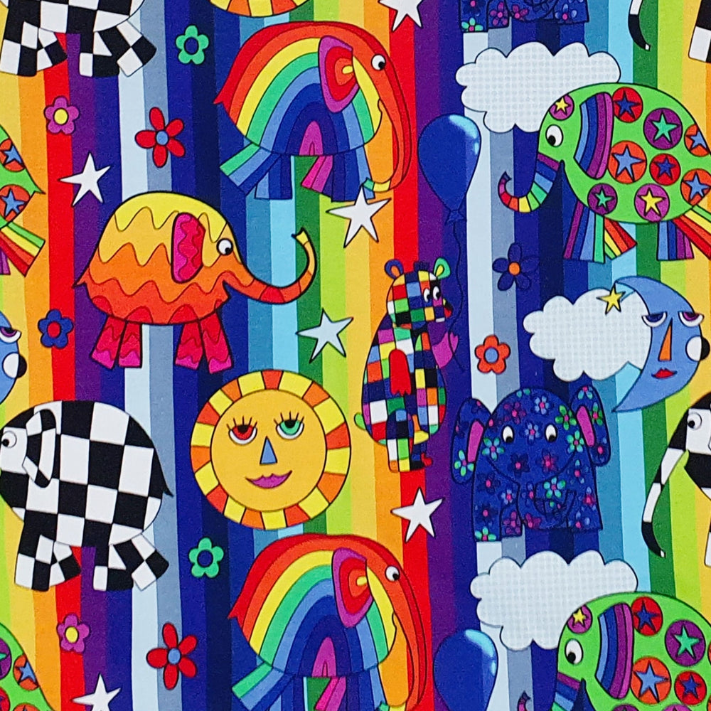 Juels Rainbow Elephants Organic Cotton Lycra Jersey Multicoloured Knit Fabric