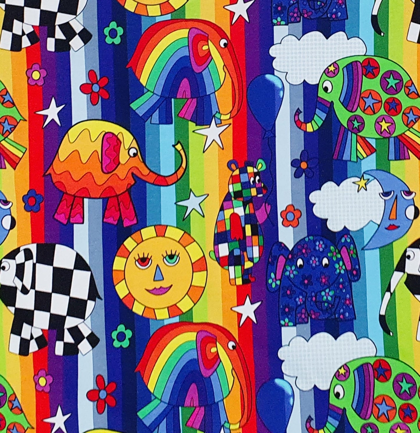 Juels Rainbow Elephants Organic Cotton Lycra Jersey Multicoloured Knit Fabric