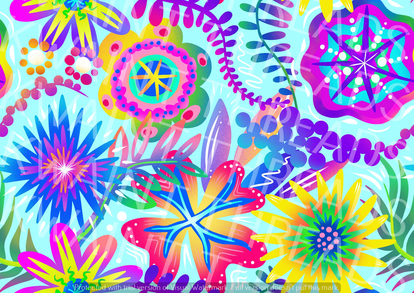 Karly Art Psychadelic Flowers Blue Fabric On Demand Pre Order