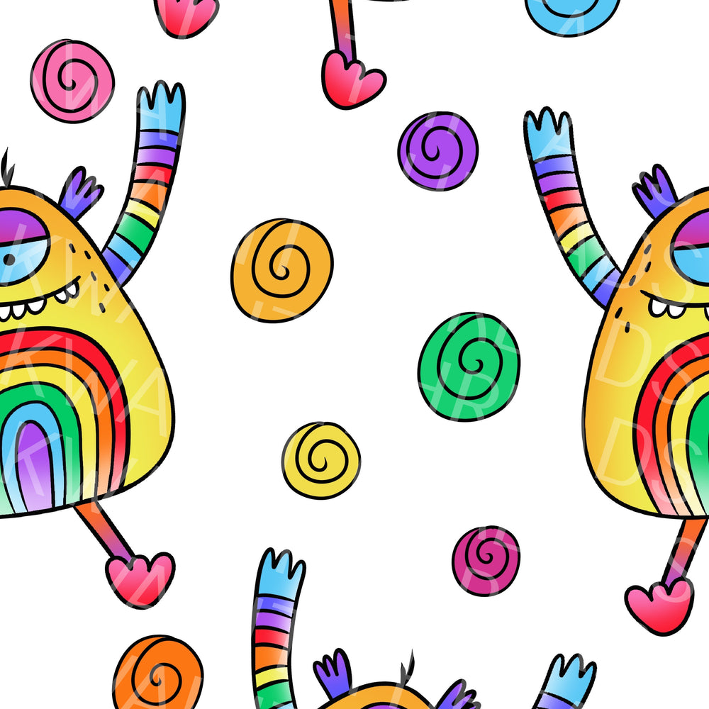 Karly Art Little Weirdos Rainbow Bob White Monster Fabric On Demand Pre Orde