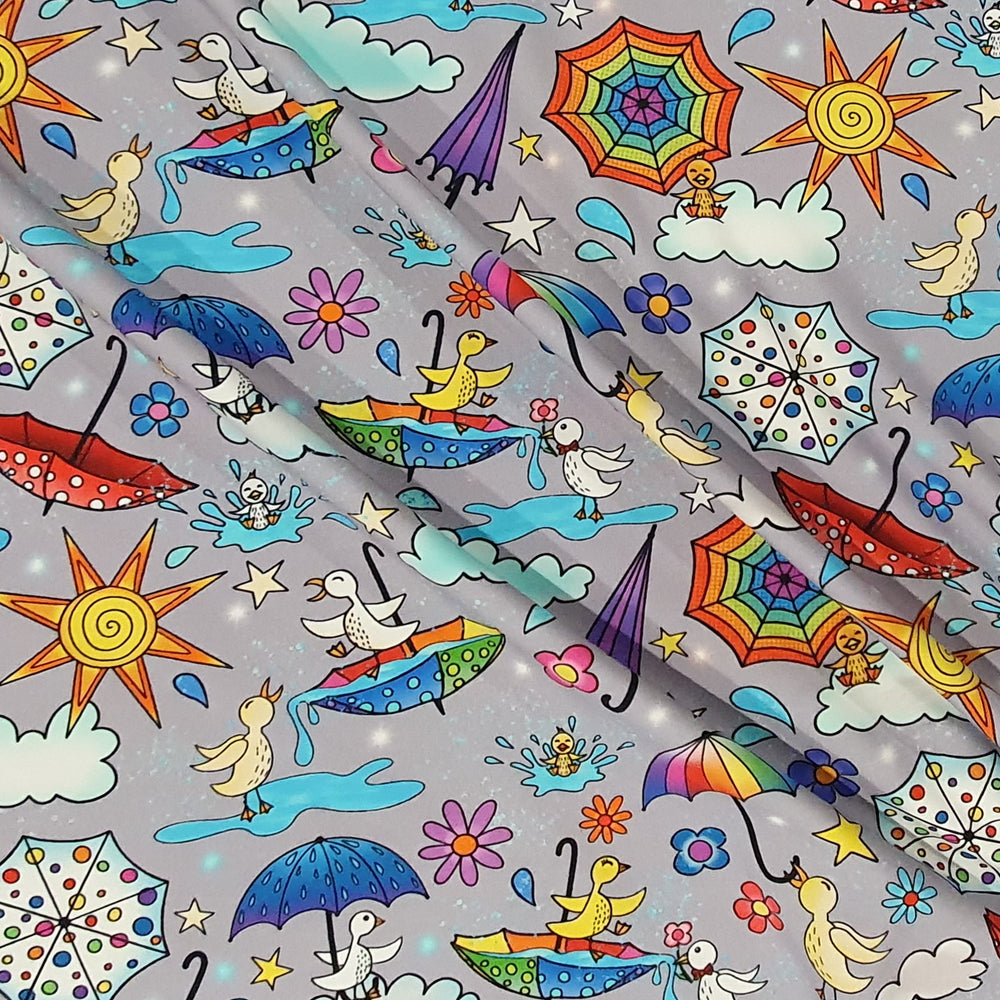 Karly Art Ducks And Umbrellas Grey Organic Cotton Lycra Jersey Knit Fabric