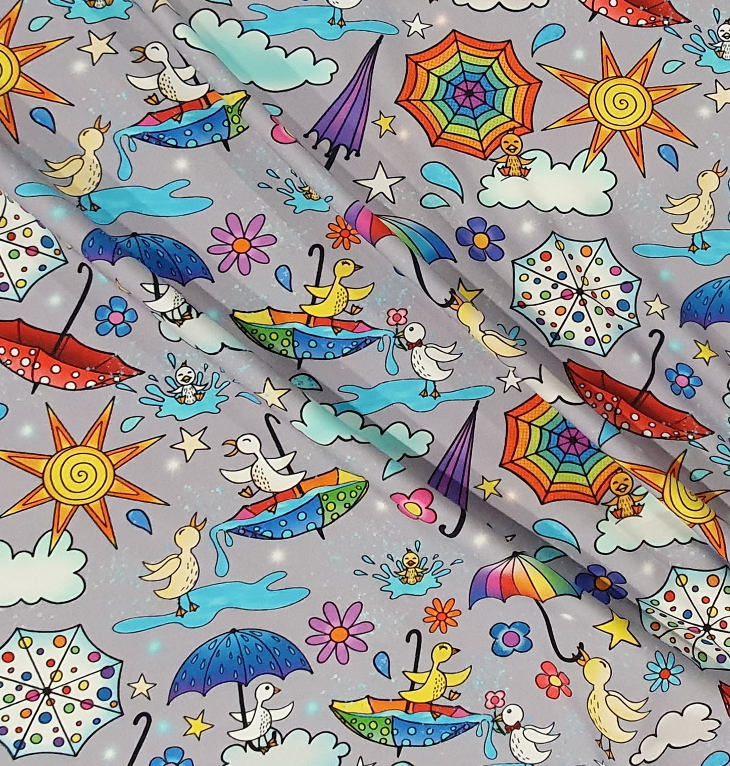 Karly Art Ducks And Umbrellas Grey Organic Cotton Lycra Jersey Knit Fabric