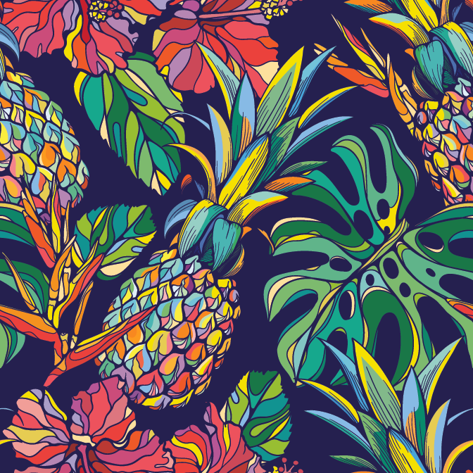Kwaint Rainbow Pineapples and Monstera Leaves Preorder On Demand Printed Fabric