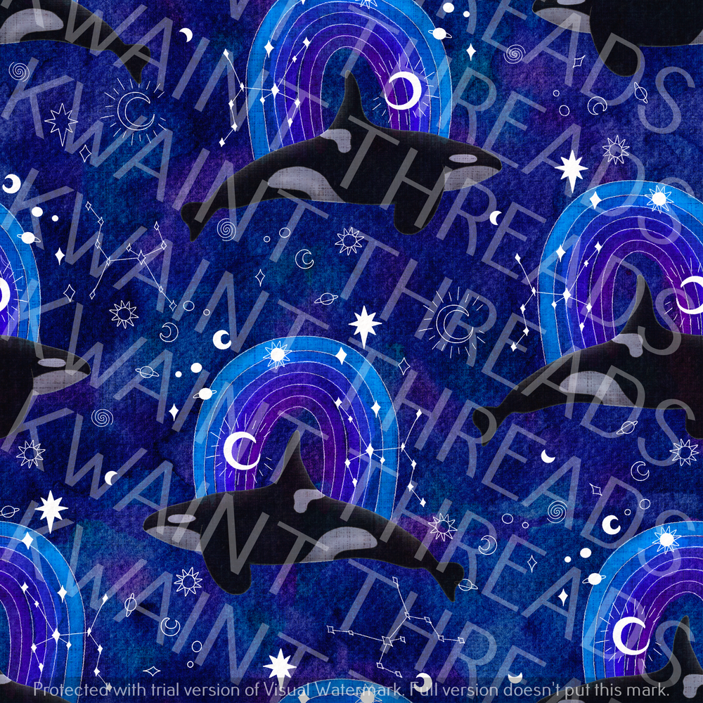 Fabric Mama Galactic Oceans Purple Whales Fabric On Demand Pre Order