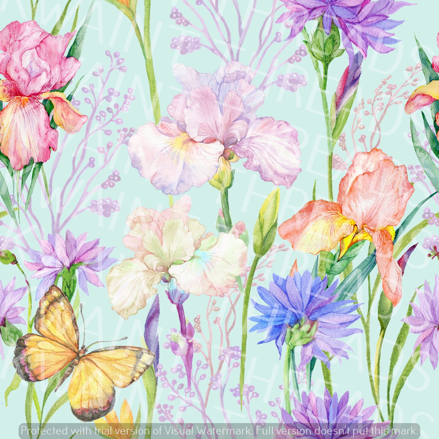 Butterflies and Flowers Blue Pre order Floral fabric garden of flowers