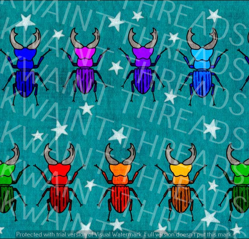 Fabric Mama Rainbow Beetles Blue Fabric On Demand Pre Order