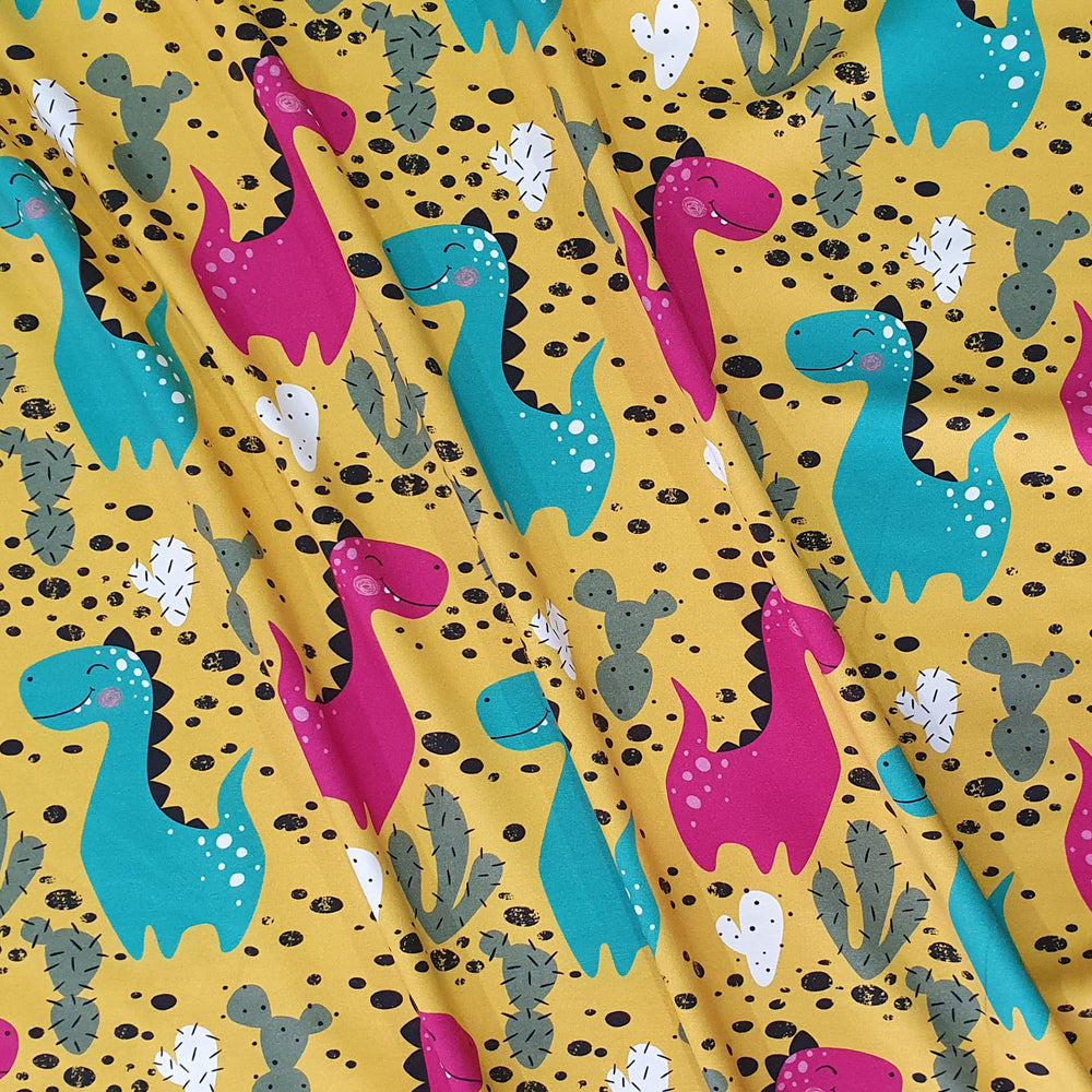 Tygdrommar Dinosaur Yellow Organic Cotton Knit Fabric Australia