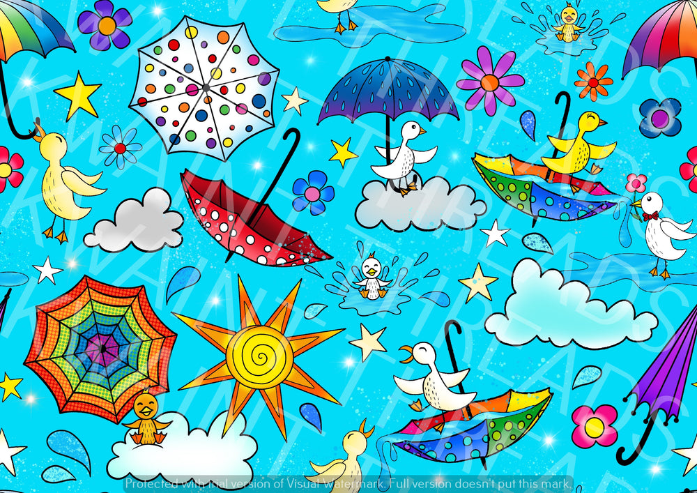 Karly Art Ducks and Umbrellas in the Rain Blue Fabric On Demand Pre Orde