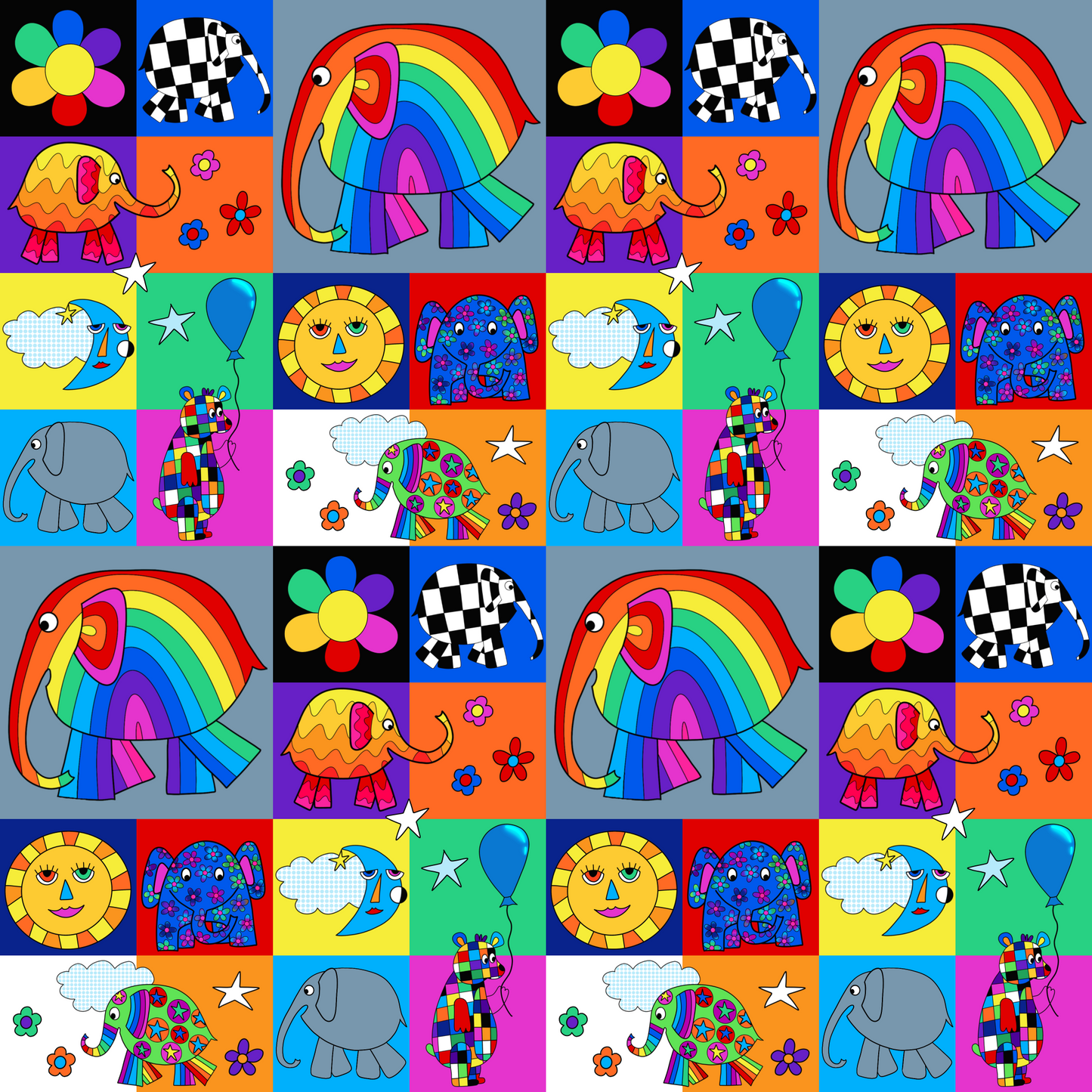 Karly Art Elephant Rainbow Patchwork Organic Cotton Lycra Fabric