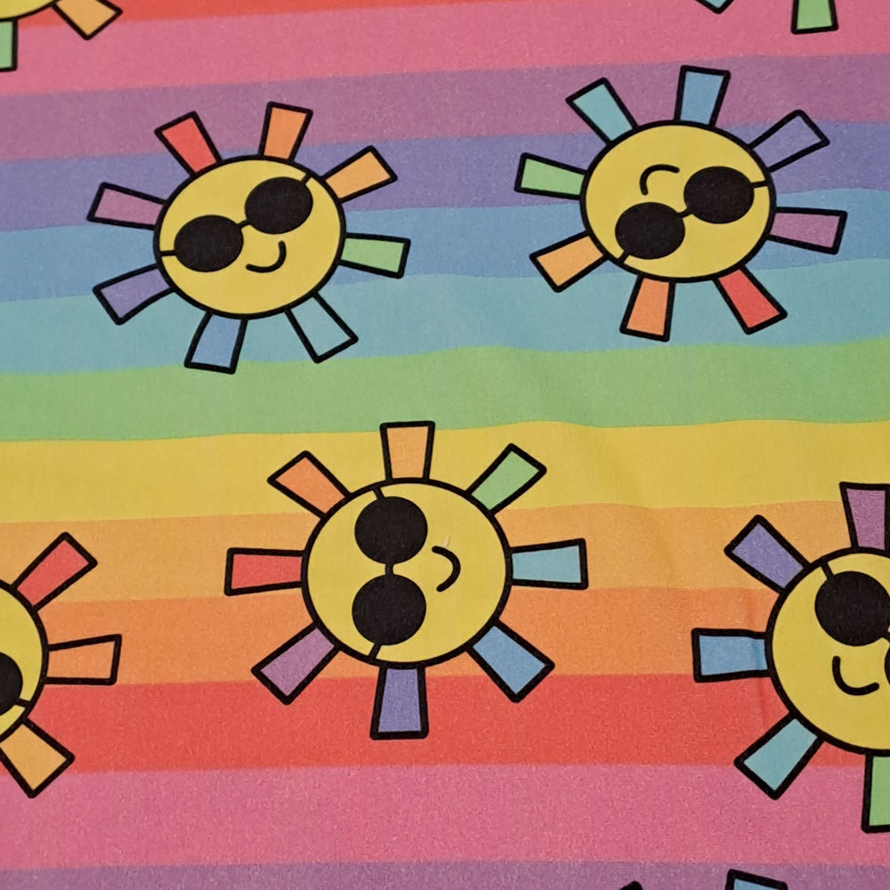 Fabric Mama Sunshine Happy Suns Rainbow Stripes Organic Cotton Lycra 220gsm