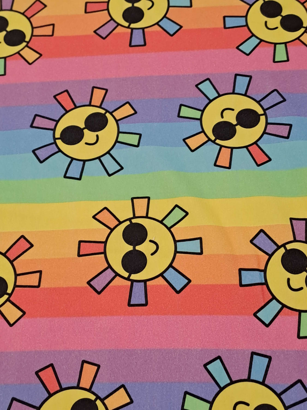 Fabric Mama Sunshine Happy Suns Rainbow Stripes Organic Cotton Lycra 220gsm