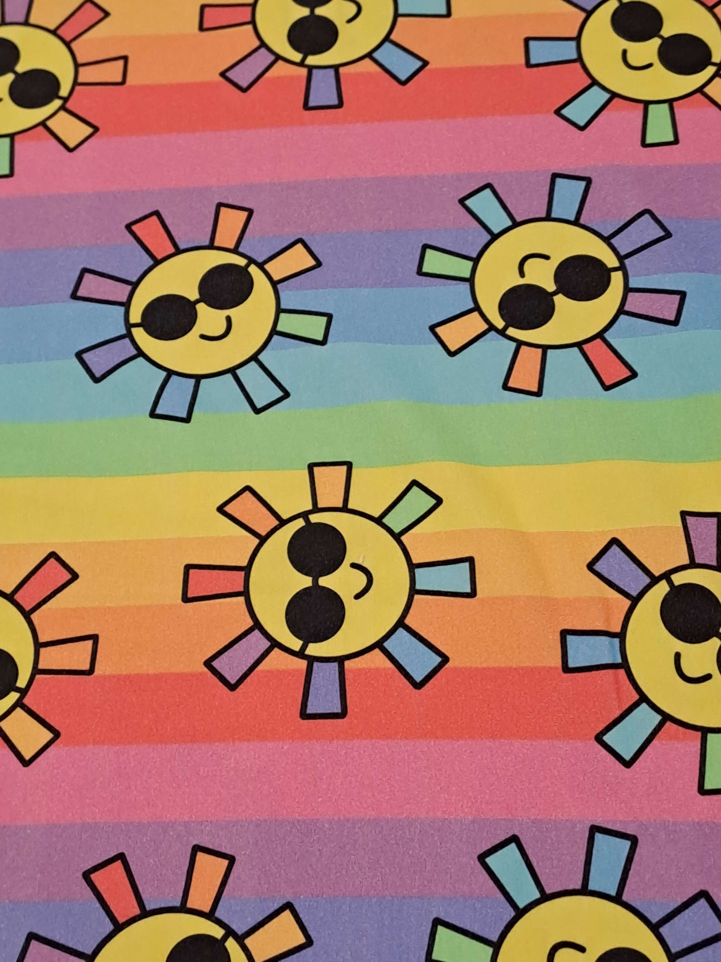 Fabric Mama Sunshine Happy Suns Rainbow Stripes Organic Cotton Lycra 220gsm