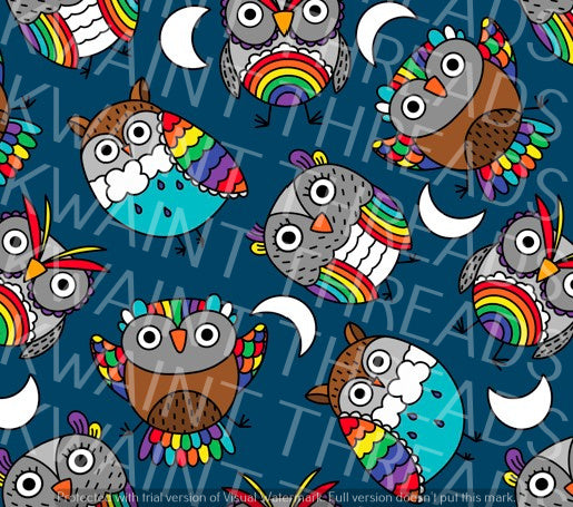 Fabric Mama Rainbow Hoot Hoot Owl Blue Fabric On Demand Pre Order