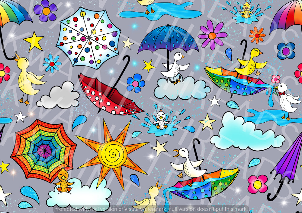 Karly Art Ducks and Umbrellas in the Rain Grey Fabric On Demand Pre Order