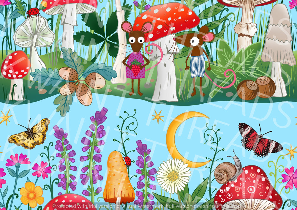 Karly Art Mouse and Mushrooms Landscape Blue Fabric On Demand Pre Order