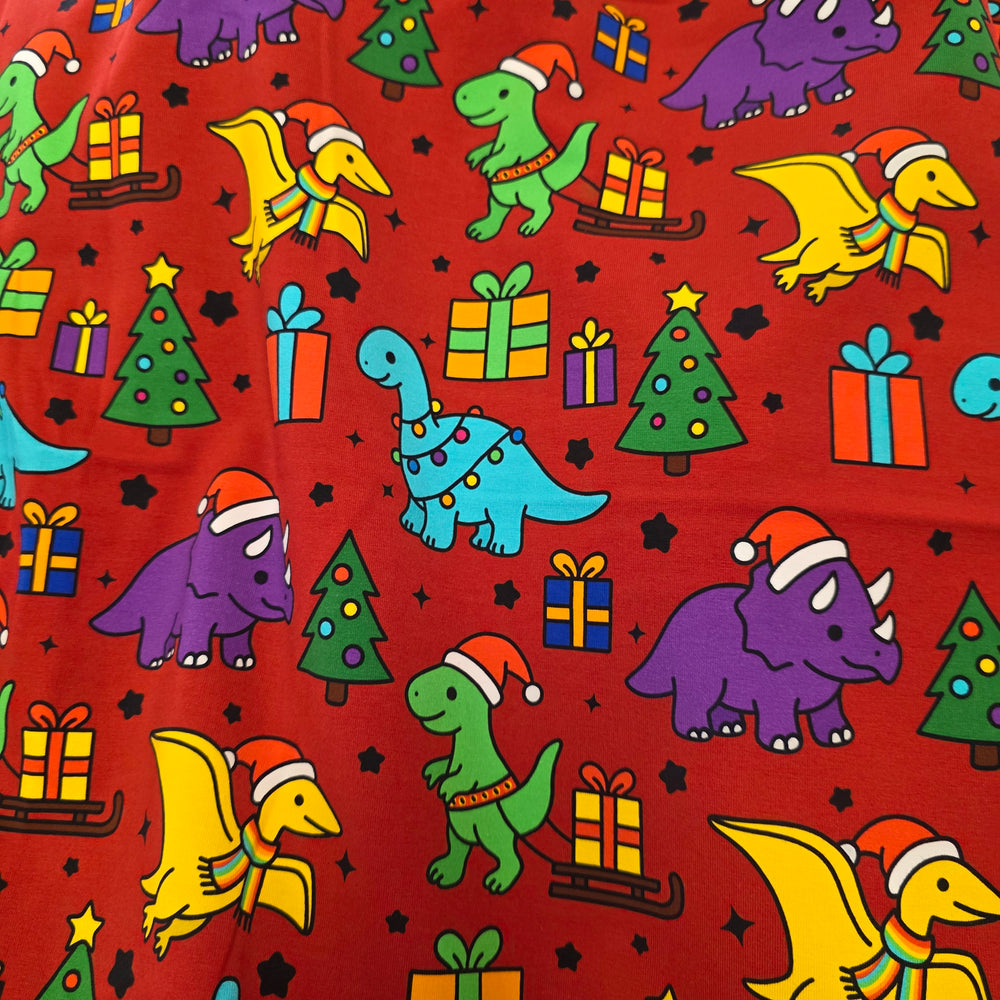 Fabric Mama Christmas Dino Presents Organic Cotton Lycra