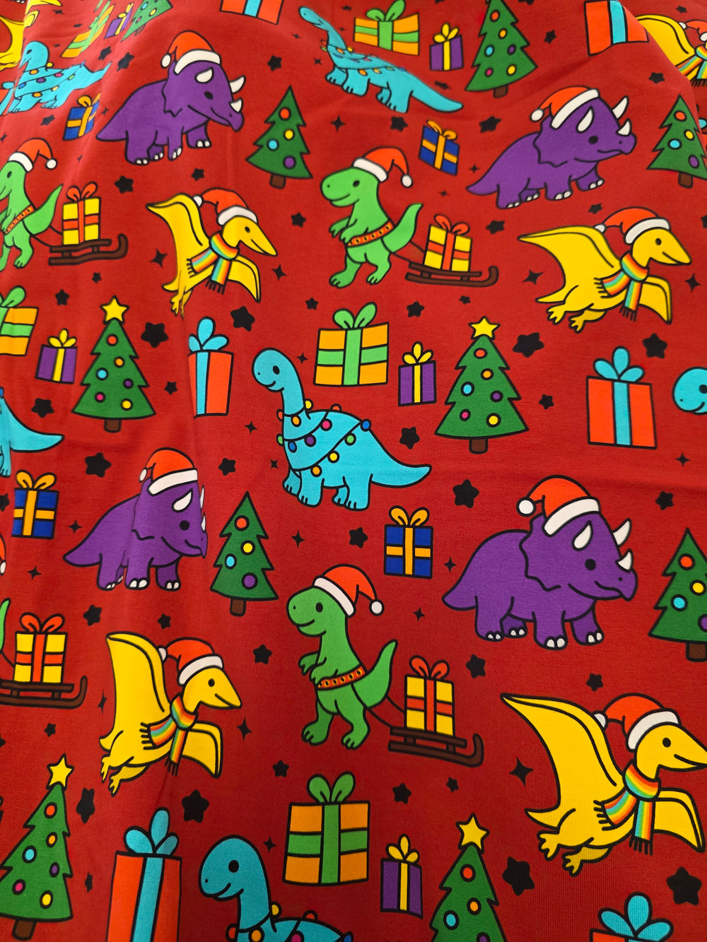 Fabric Mama Christmas Dino Presents Organic Cotton Lycra