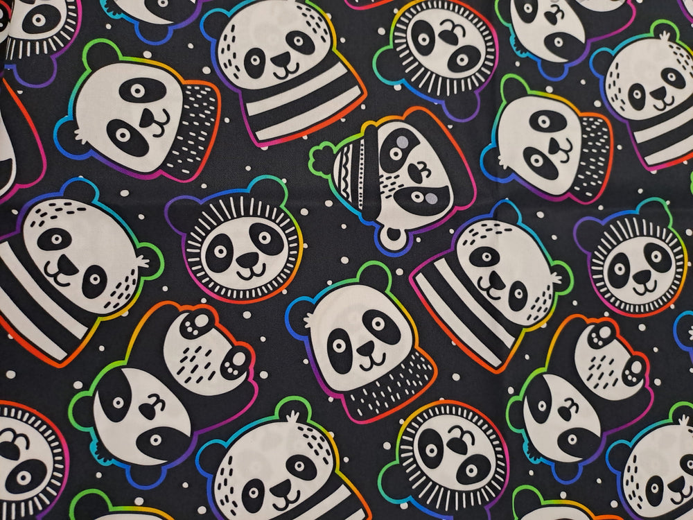 Fabric Mama Rainbow Pandas 150gsm Twill
