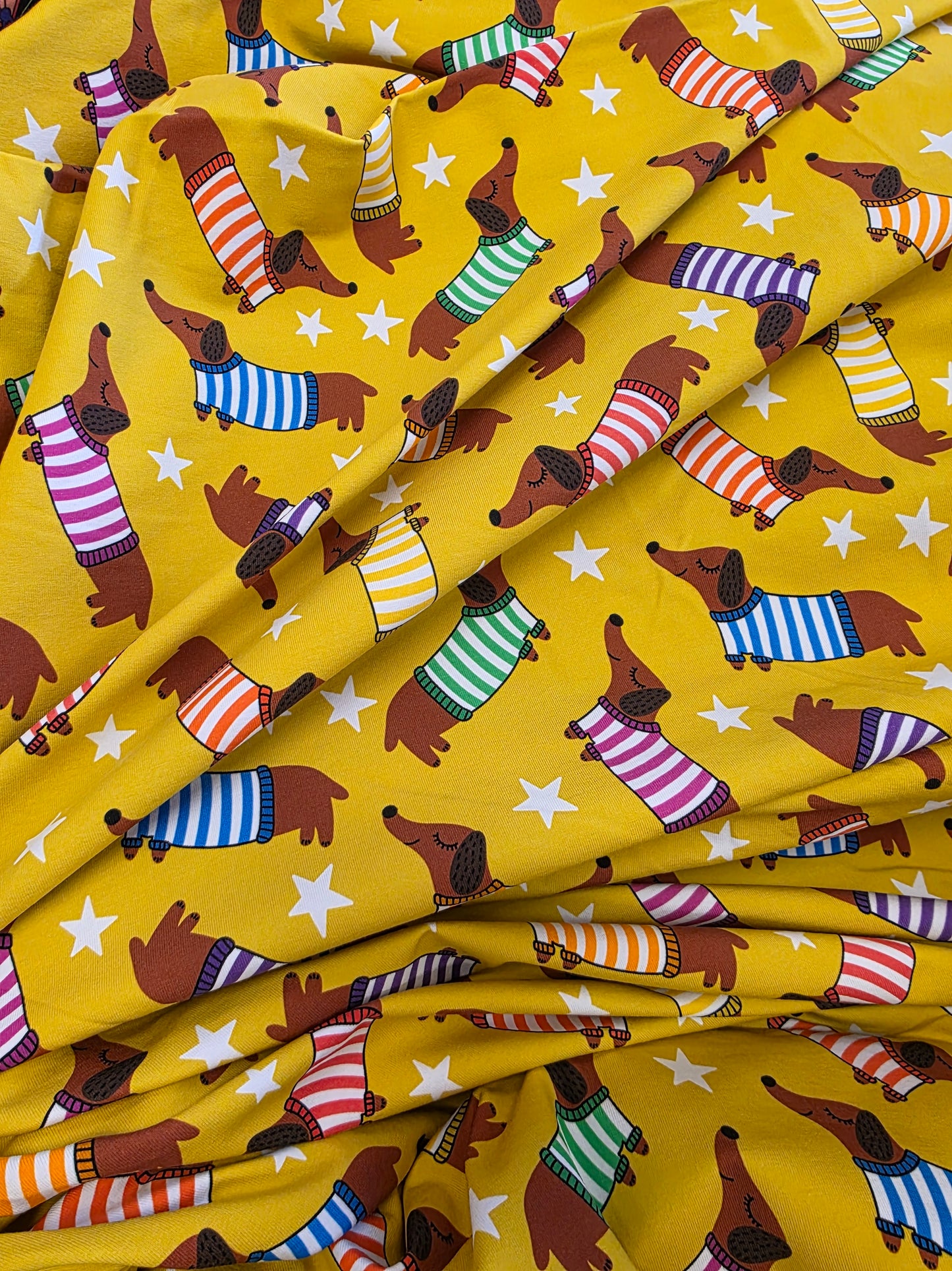 Fabric Mama Dachshunds Ochre Organic Poplin