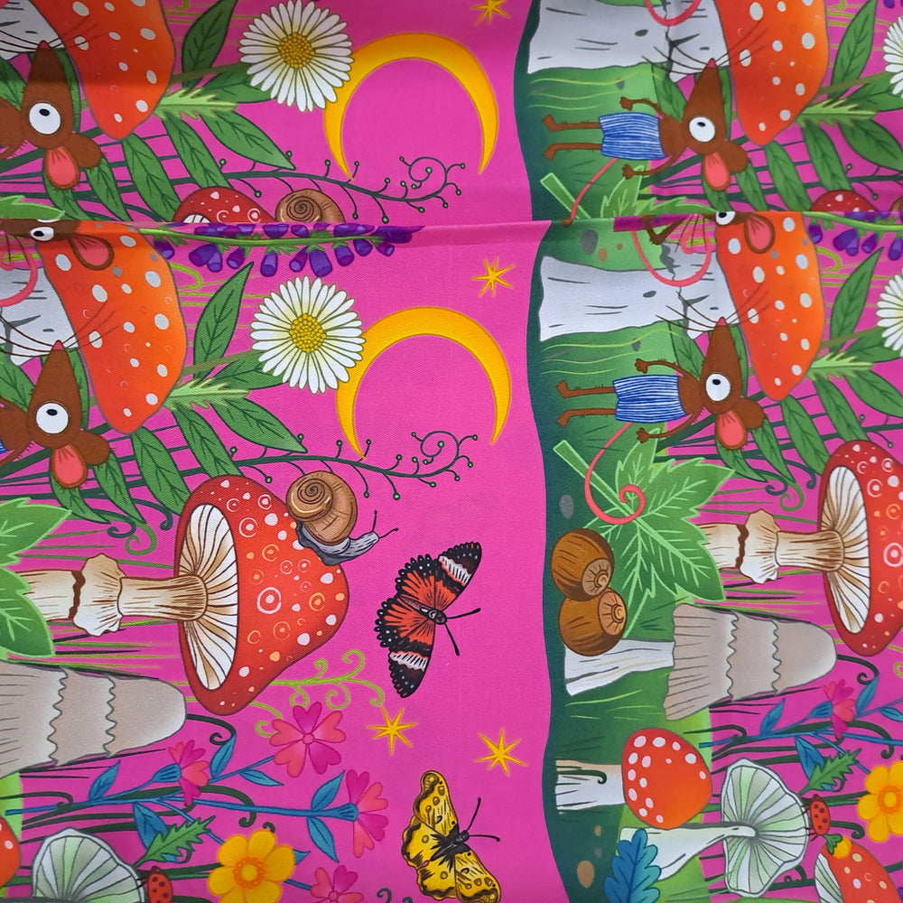 Karly Art Mouse and Mushrooms Landscape Pink 150gsm Twill