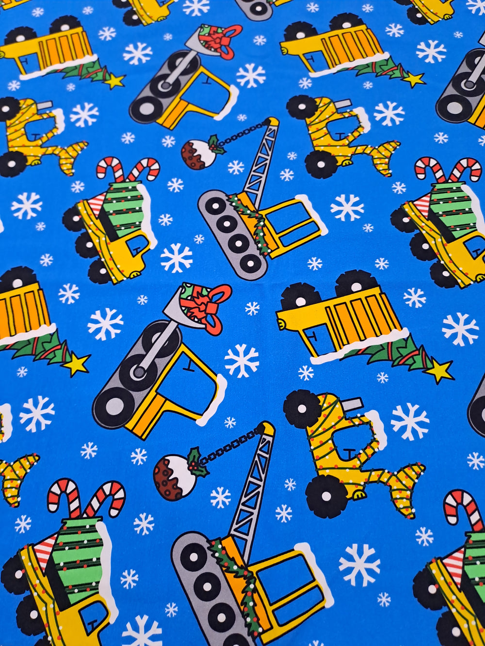 Fabric Mama Christmas Diggers 220gsm Cotton Lycra