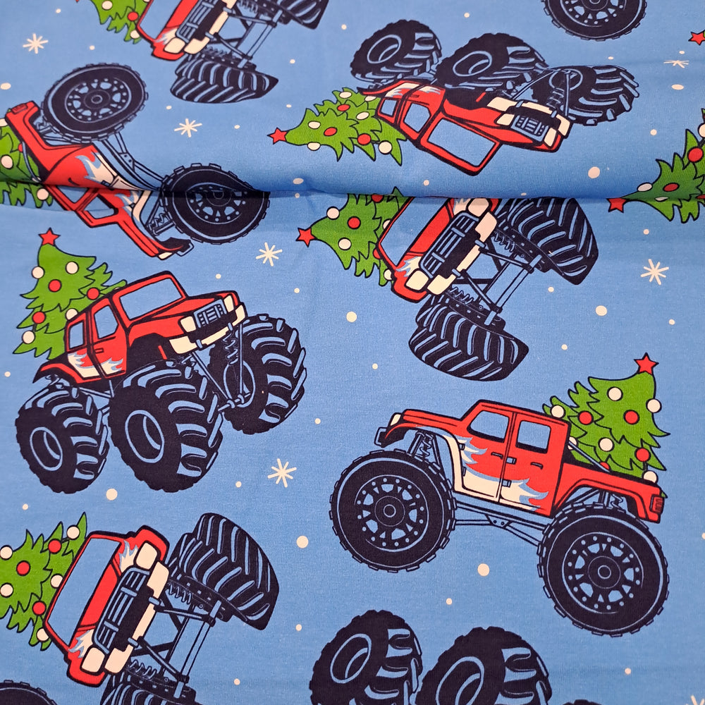 Fabric Mama Christmas Monstertrucks 220gsm Cotton Lycra