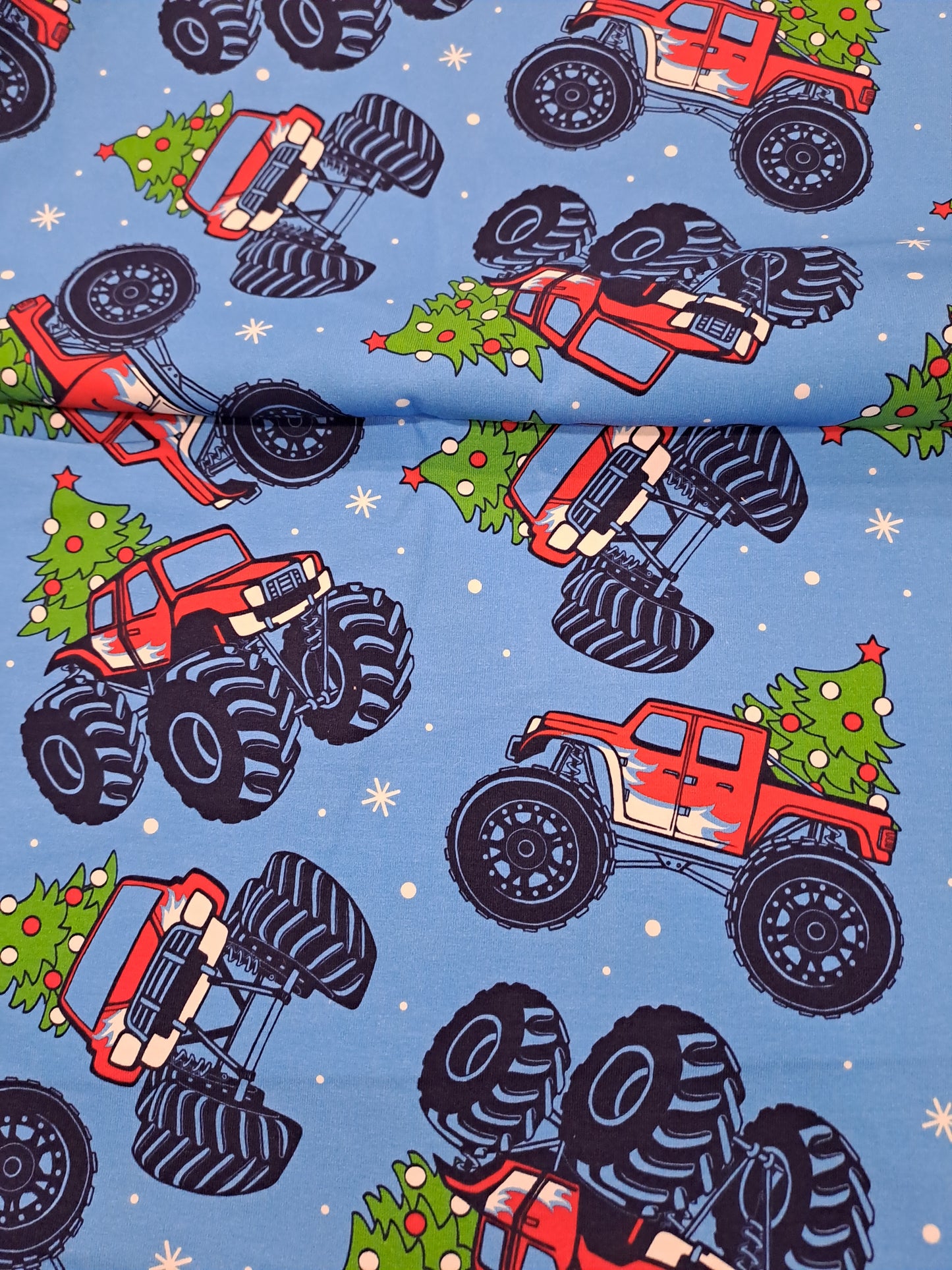 Fabric Mama Christmas Monstertrucks 220gsm Cotton Lycra