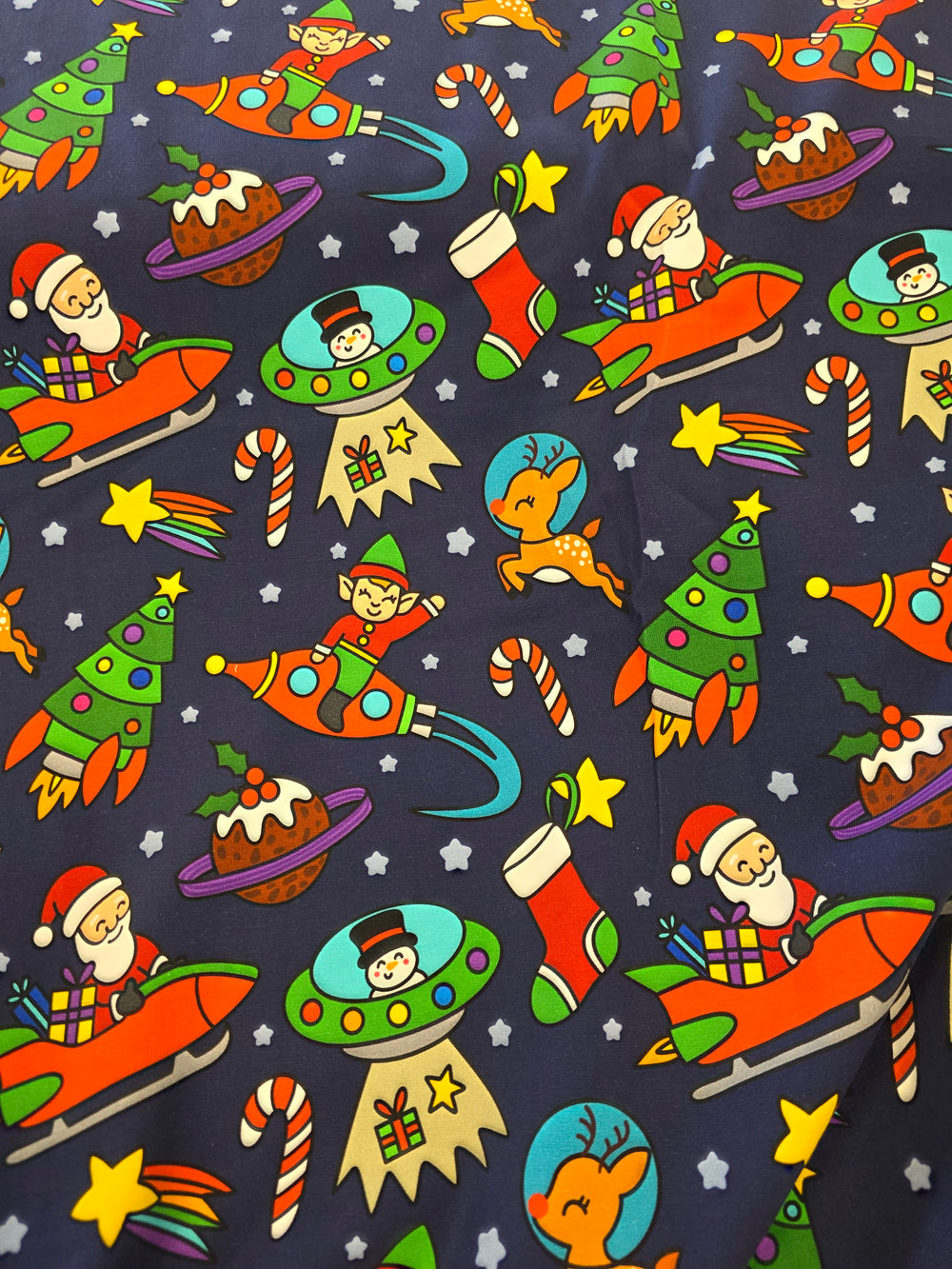 Fabric Mama Christmas Space Characters Organic Cotton Lycra