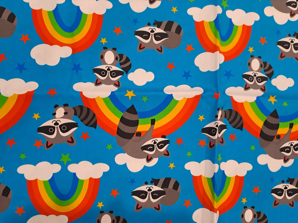 Fabric Mama Rainbow Racoons 150gsm Twill