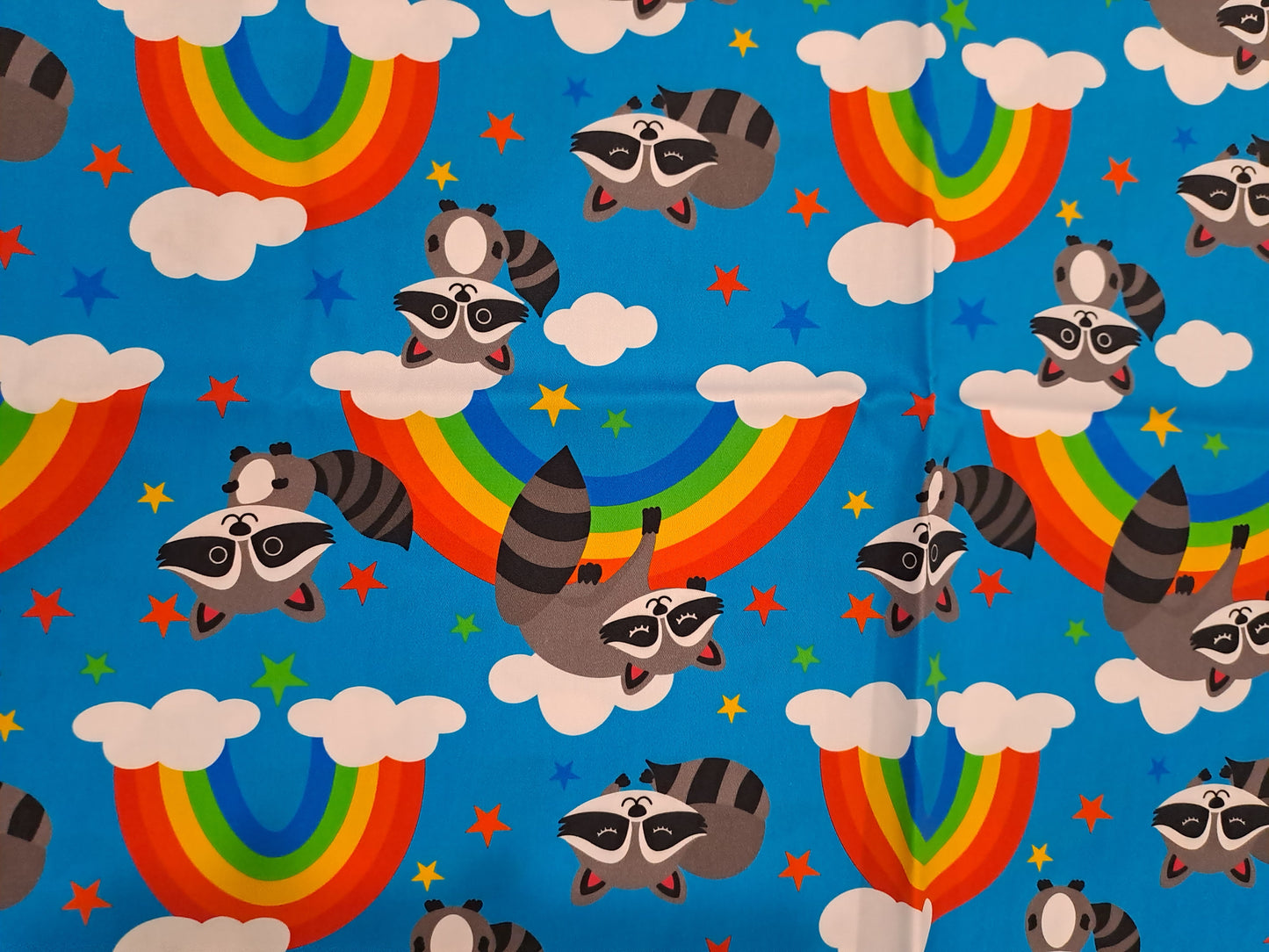 Fabric Mama Rainbow Racoons 150gsm Twill